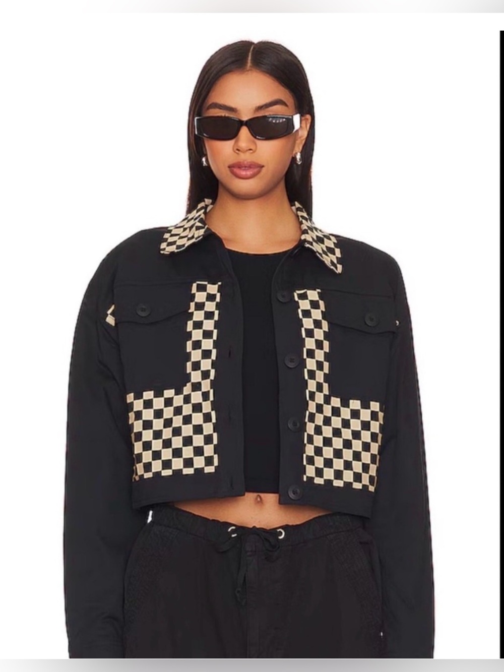 Anthropologie Beach Riot Desert Trucker Checkered Crop Jacket Black Beige Women’